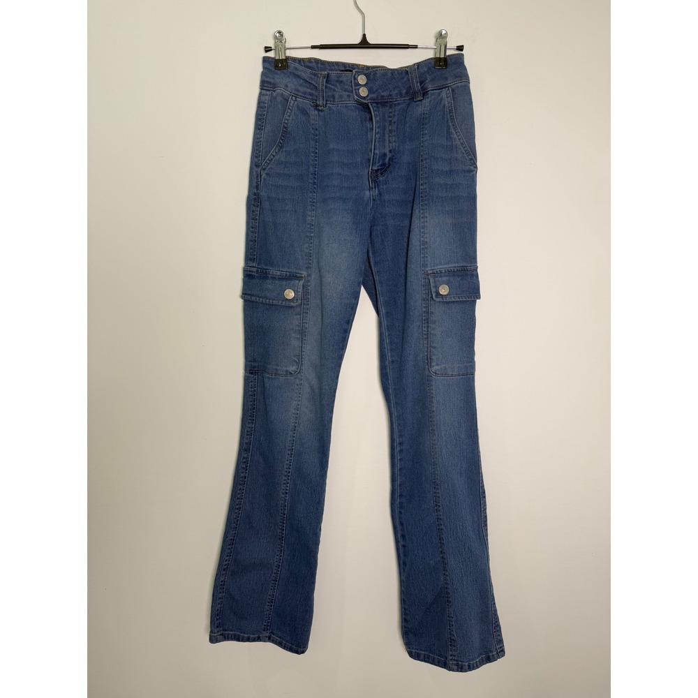 Almost Famous Womens Blue Cargo Jeans Boot Cut Mid Rise Size 3 PCB4X-51N Y2K